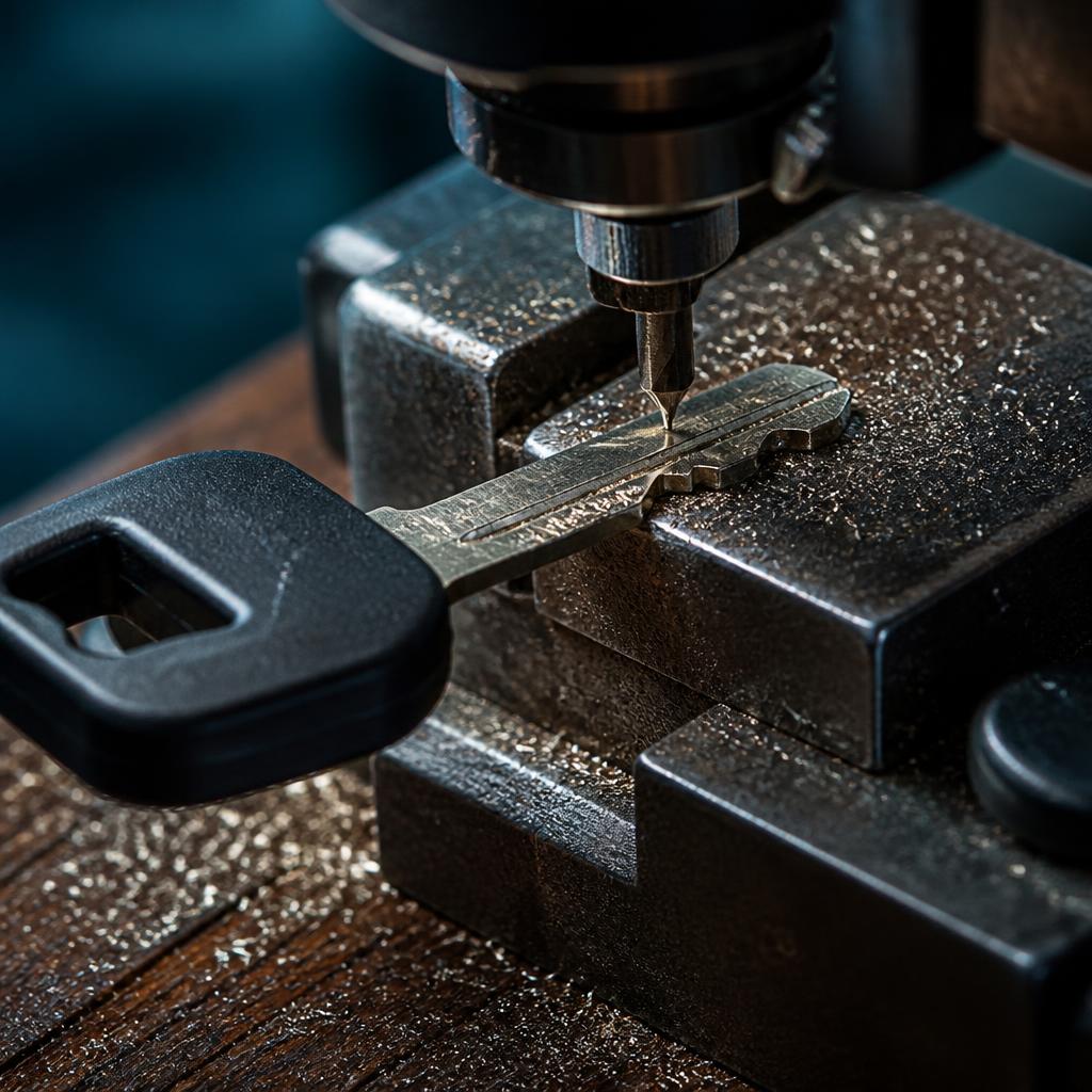 Locksmith cutting a new car key on a precision cutting machine