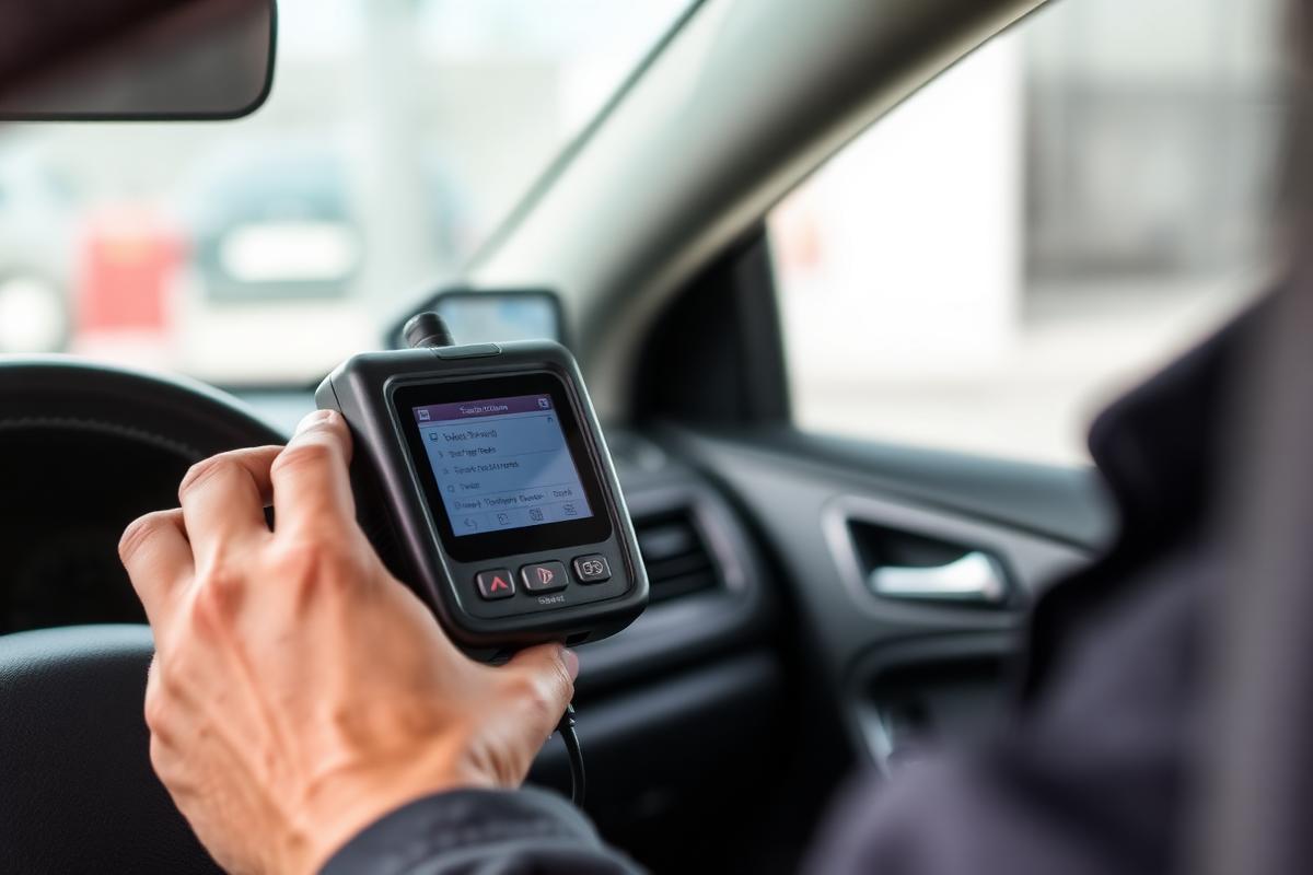 Technician using a diagnostic programmer plugged into a vehicle