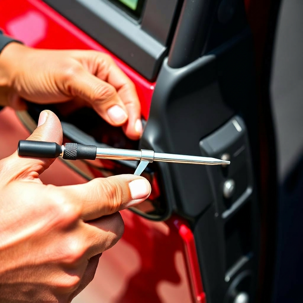Mobile locksmith unlocking a vehicle door