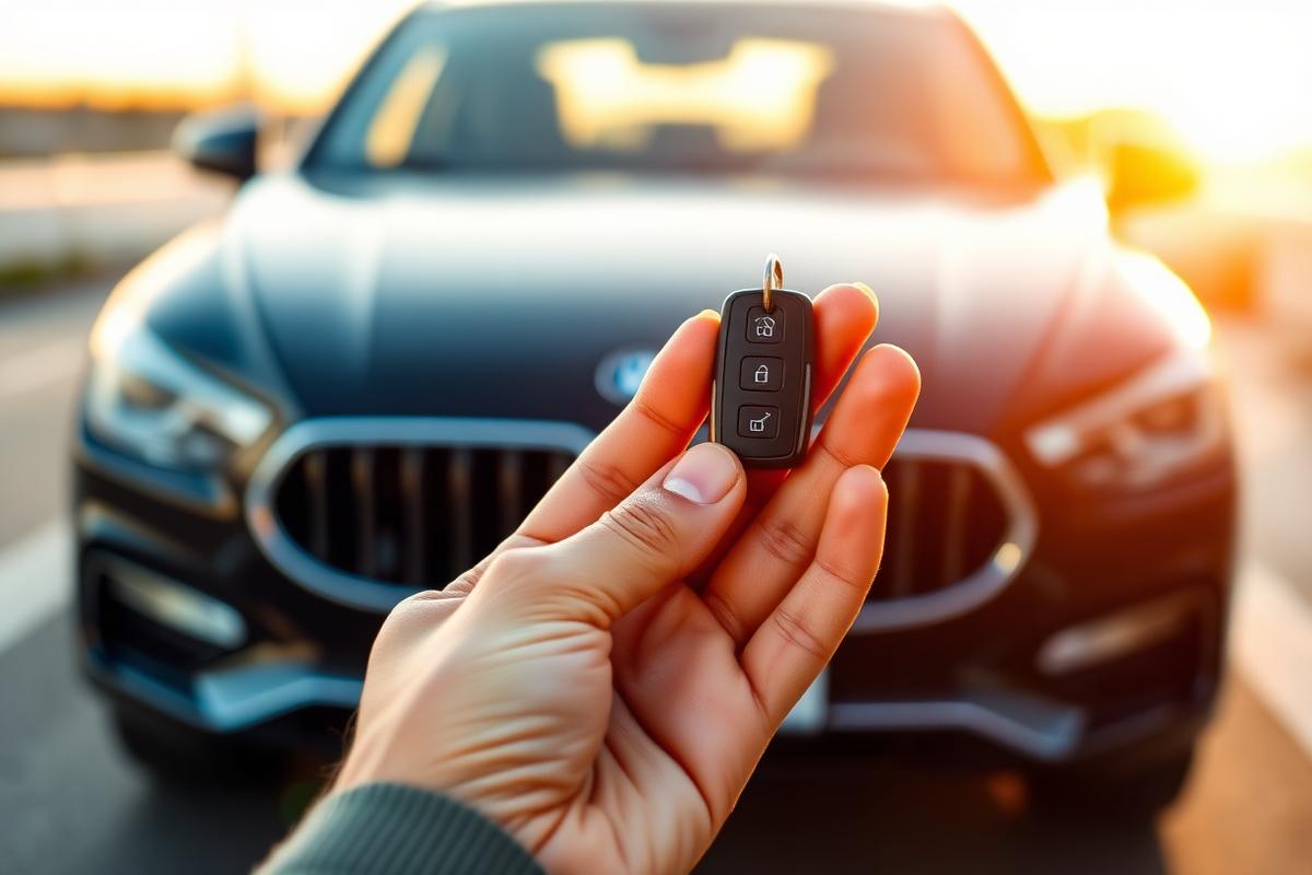 New replacement key fob held in front of a modern car
